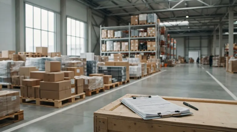 Rows of wrapped inventory pallets stacked on high metal racking inside a large commercial wholesale warehouse.