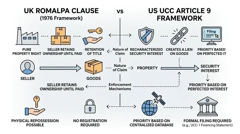 The 1976 Romalpa case established the UK precedent, but the US Uniform Commercial Code takes a fundamentally different approach.