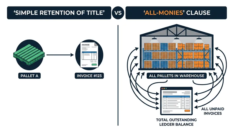 An all-monies clause provides broader protection by linking title transfer to the overall account balance rather than individual invoices.