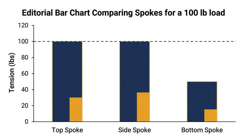 Under load, the top spokes maintain their static pre-tension while the bottom spokes experience a significant reduction.