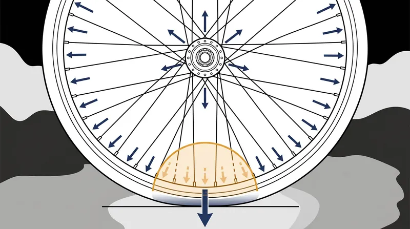 When weight is applied to the hub, the rim flattens slightly at the ground, causing the bottom spokes to lose tension.