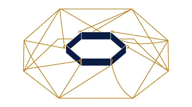 Tensegrity structures distribute forces globally, allowing isolated rigid parts to float within a continuous tension network.
