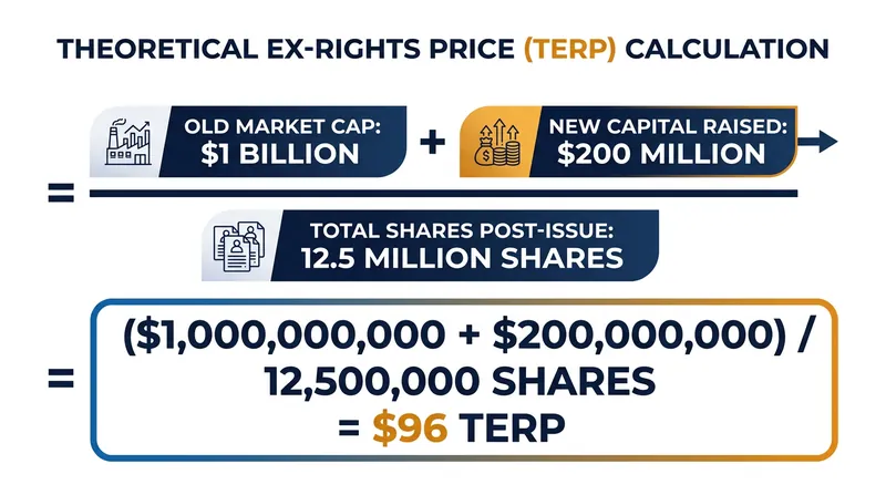 The TERP formula blends the value of existing equity with the newly raised capital.