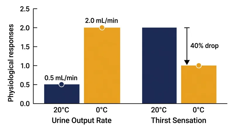 Cold exposure simultaneously quadruples the rate of fluid loss while suppressing the urge to drink by up to 40 percent.