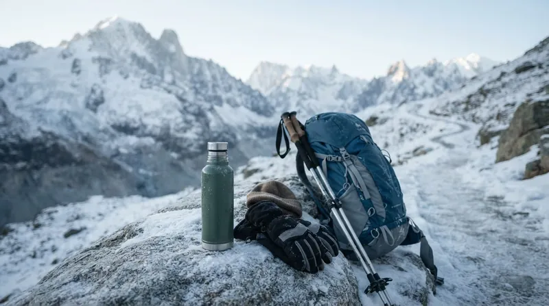 A hiker wearing a heavy winter jacket and backpack walks up a snow-covered mountain trail under bright sunlight.