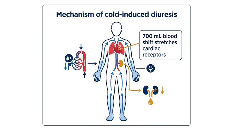 As skin cools, peripheral blood vessels constrict, forcing roughly 700 milliliters of blood into the central thoracic cavity.