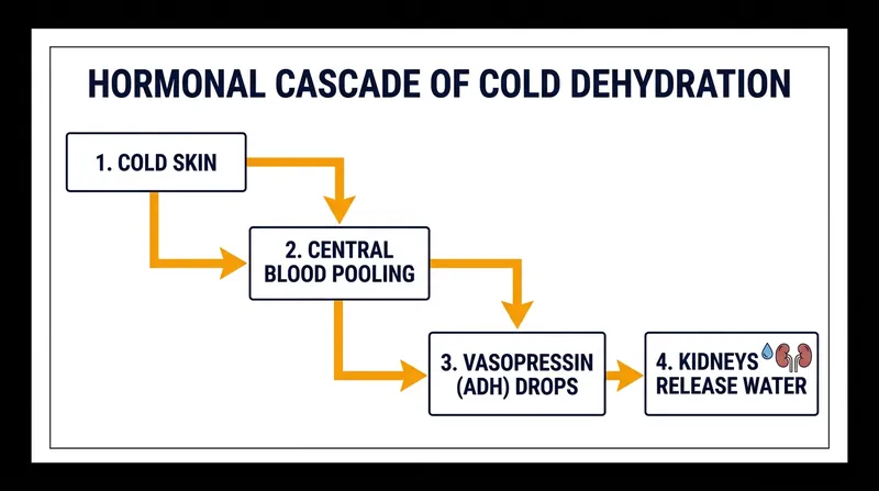 The brain interprets central blood pooling as fluid overload, halting the hormone responsible for water conservation.