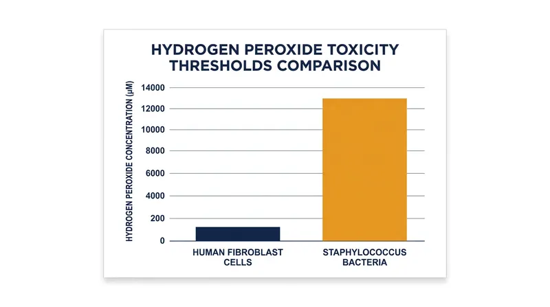 The concentration of hydrogen peroxide required to reliably destroy bacteria is highly toxic to the human cells needed for tissue repair.