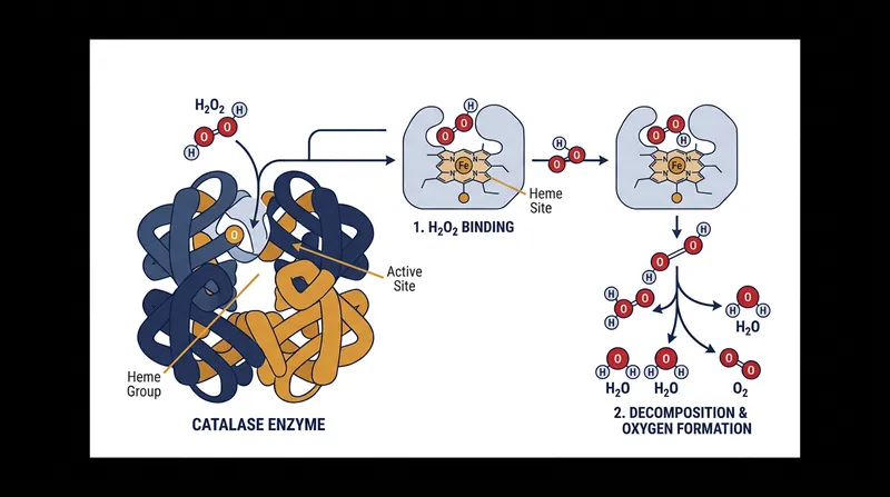 Human cells deploy the enzyme catalase to instantly neutralize hydrogen peroxide, releasing oxygen gas that creates the visible foam.