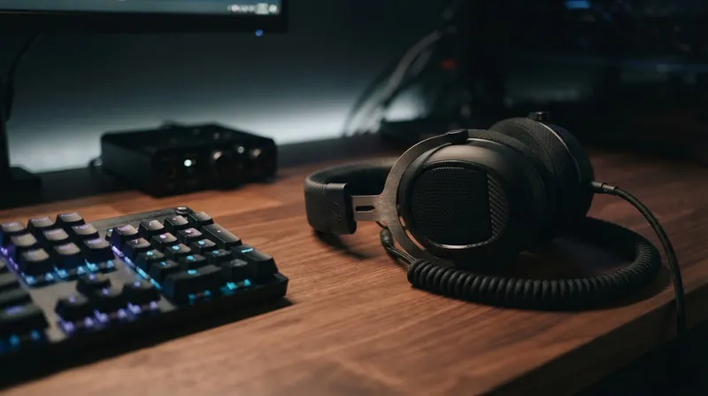A professional esports player wearing a high-end gaming headset in a dark arena setting.