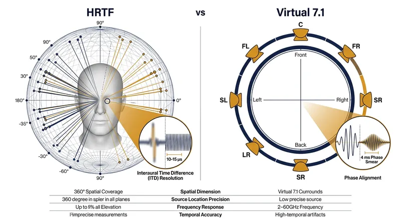 HRTF preserves spherical 3D coordinates, while 7.1 downmixing flattens audio into a horizontal plane.