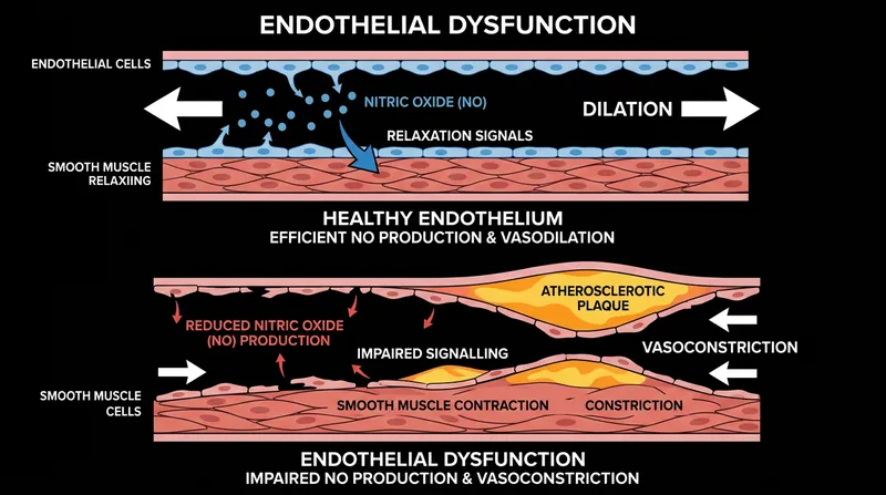 Endothelial cells produce nitric oxide to dilate blood vessels, a process that fails early in the progression of atherosclerosis.
