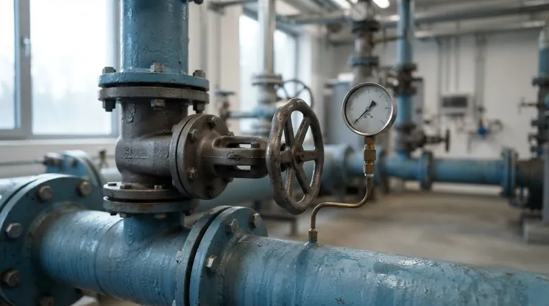A large blue actuated control valve installed on a heavy industrial steel pipeline in a facility.