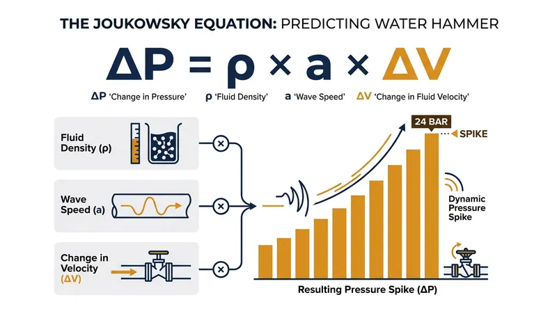 The Joukowsky equation calculates the theoretical maximum pressure surge from an instantaneous velocity change.