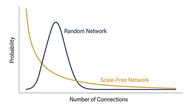 Unlike random networks, scale-free networks possess a long tail of highly connected outliers that drive variance toward infinity.