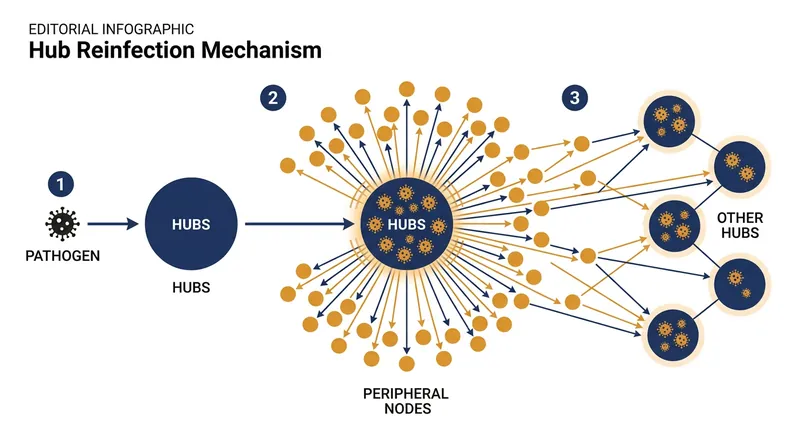 Even with a microscopic transmission rate, hyper-connected hubs act as perpetual reservoirs that reignite outbreaks.