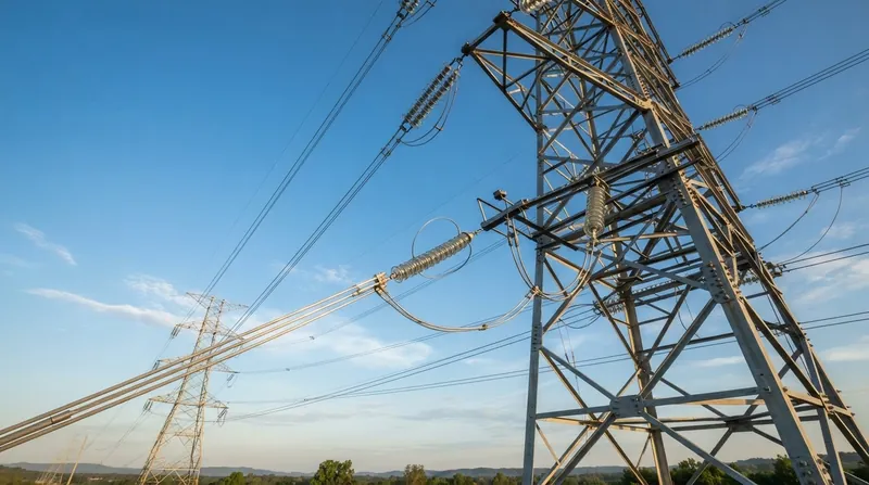 A low-angle view of a steel lattice transmission tower supporting bare high-voltage power lines.