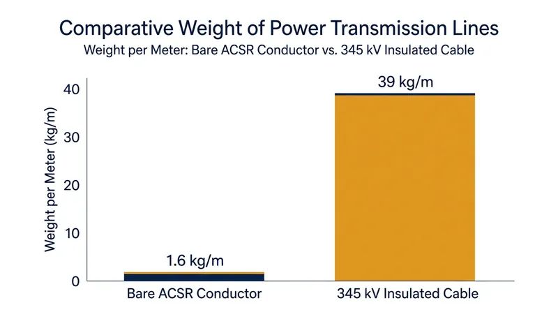 Insulating a high-voltage line increases its weight by over 2,300 percent.