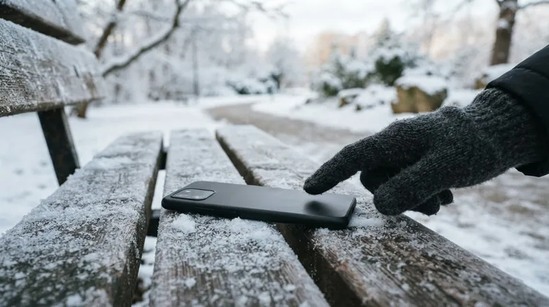 A smartphone with a black screen lies on a snow-covered surface in a freezing environment.