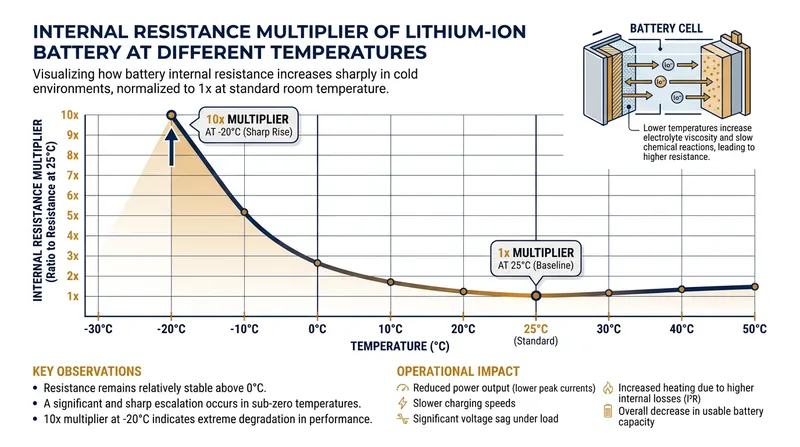 Internal resistance spikes dramatically as temperatures drop below freezing.