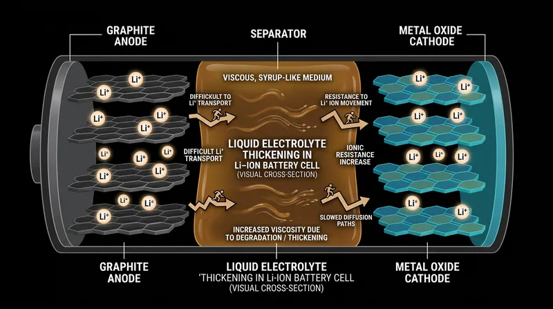 As the liquid electrolyte thickens in the cold, lithium ions lose their mobility.