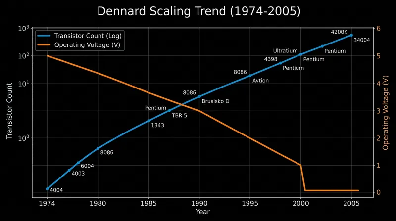Processor operating voltages scaled down proportionally with transistor size until hitting the thermal floor in the mid-2000s.