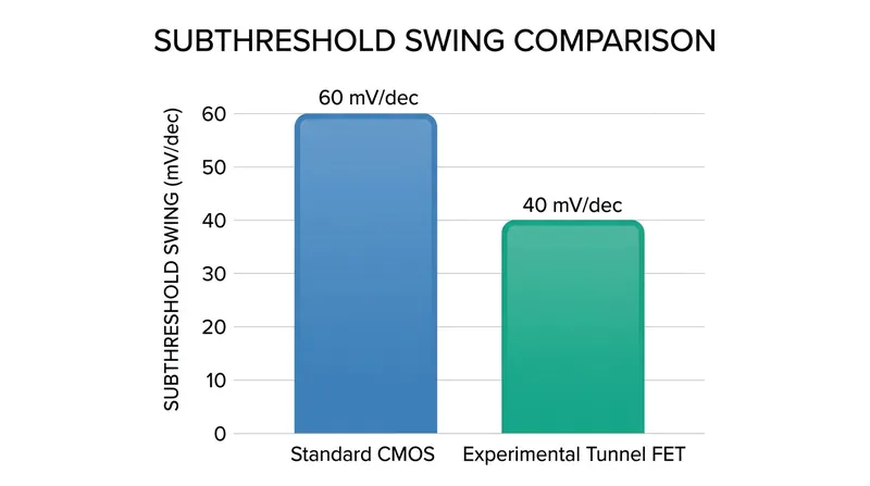 Experimental steep-slope devices like Tunnel FETs aim to break the 60-millivolt limit using quantum tunneling instead of thermal emission.