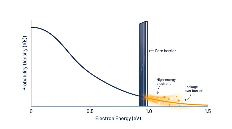 At room temperature, a fraction of electrons always possesses enough thermal energy to bypass the transistor's off-state barrier.