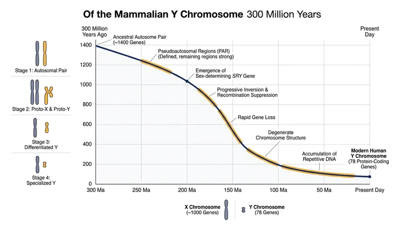 The Y chromosome has lost hundreds of genes since diverging from the X chromosome 300 million years ago.