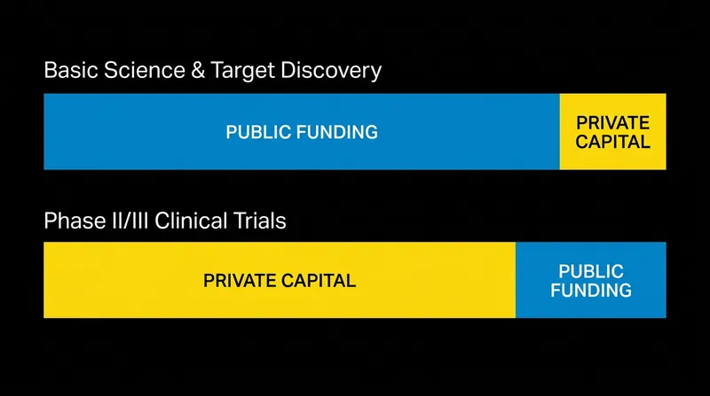 The public sector absorbs the early scientific risk, while private capital funds late-stage commercialization.