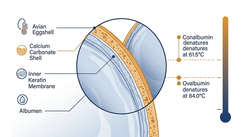 Albumen proteins unfold and bond at different thermal thresholds.
