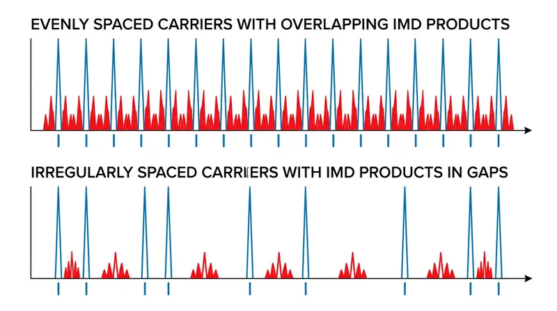 Staggering the carrier frequencies pushes the phantom intermodulation products into empty spectrum.