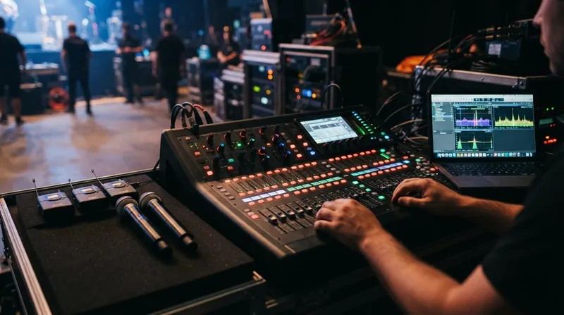A live sound engineer looks at a laptop screen displaying radio frequency data at a concert.