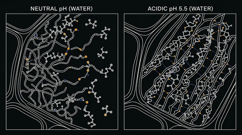 Below pH 5.5, the pectin chains in a legume's cell wall lose their negative charge and bond tightly together.