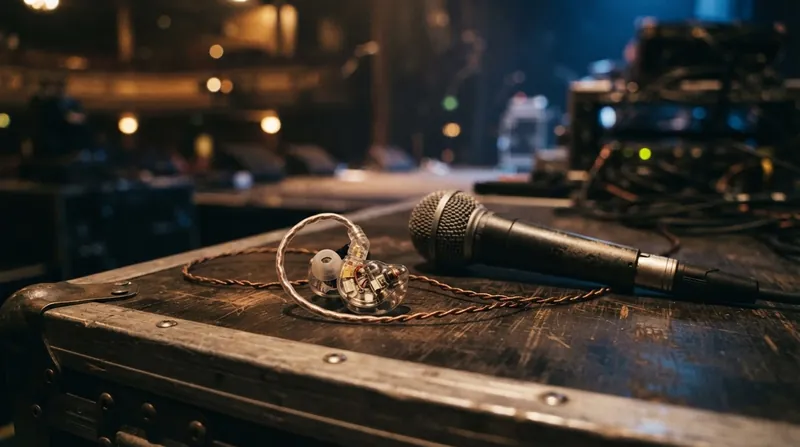 A rock vocalist on a concert stage pulling a custom in-ear monitor out of their right ear.