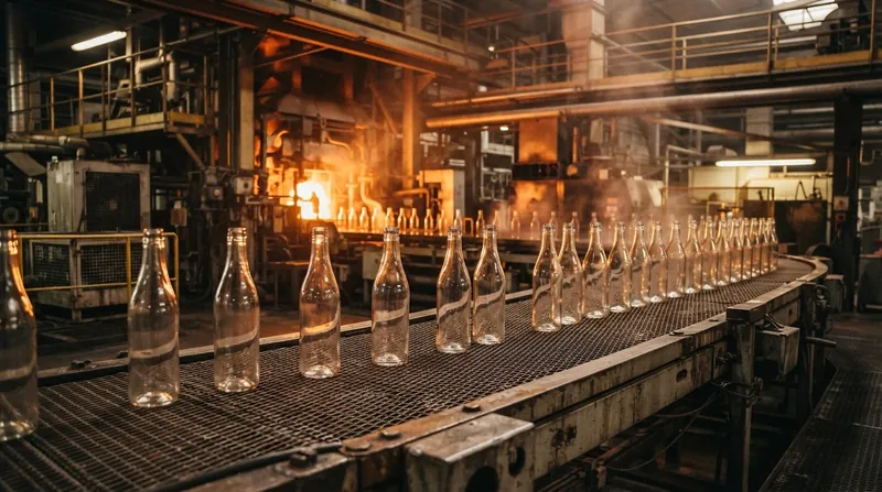 Glowing orange molten glass being processed inside a massive industrial manufacturing furnace.