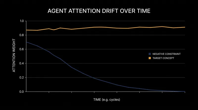In long-running agent workflows, the attention weights for negative constraints often decay, leading to catastrophic rule violations.