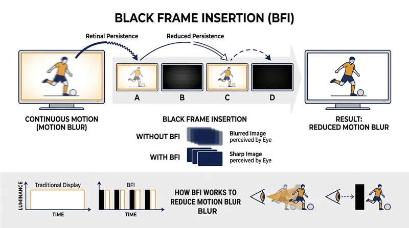 Black Frame Insertion clears retinal persistence by strobing the panel, but it significantly reduces overall brightness.