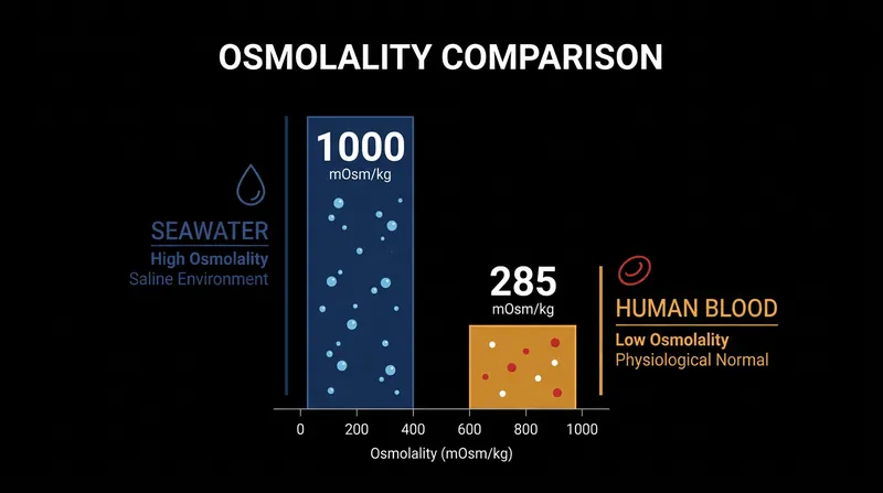 Seawater is approximately four times saltier than the tightly regulated concentration of human blood plasma.