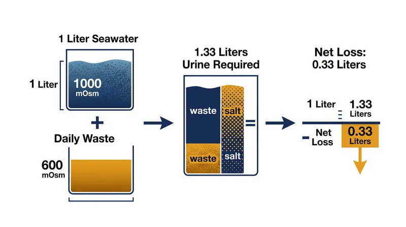 Processing one liter of seawater alongside daily metabolic waste requires more water than was ingested.