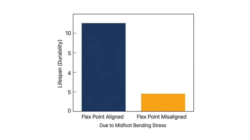 Misaligned flex points subject the rigid midfoot to massive bending stress, accelerating sole delamination and cracking.