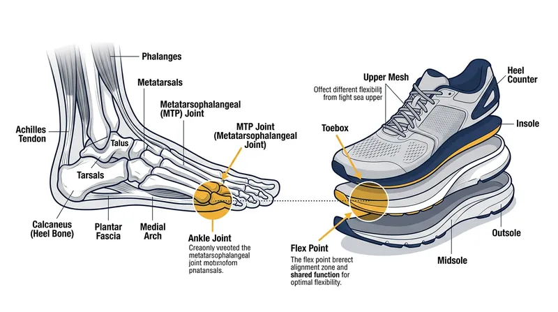 A shoe's engineered flex point must align with the foot's primary hinge to prevent midfoot compression.
