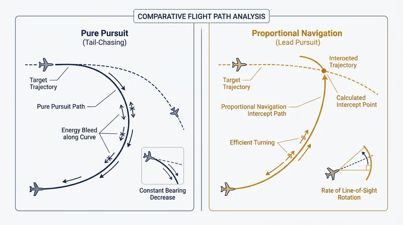 Pure pursuit forces the missile to bleed kinetic energy, while proportional navigation guarantees an efficient intercept.