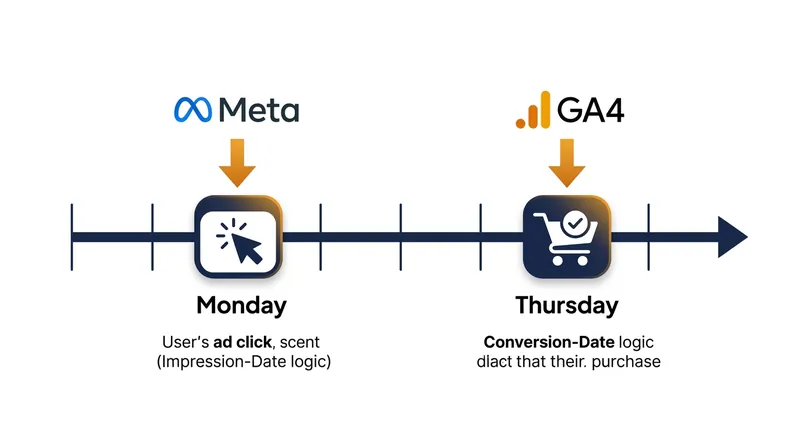 Meta logs the sale on the day the ad was clicked, while storefront analytics log it on the day the purchase occurred.