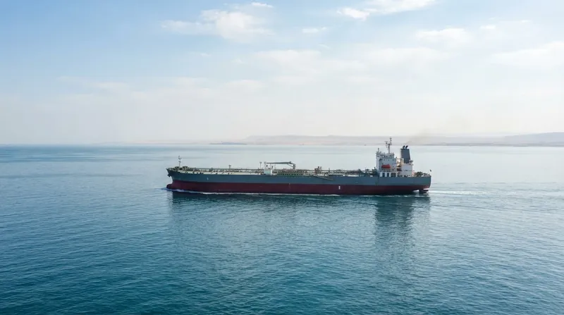 A large crude oil supertanker anchored in calm waters off the coast of the United Arab Emirates.