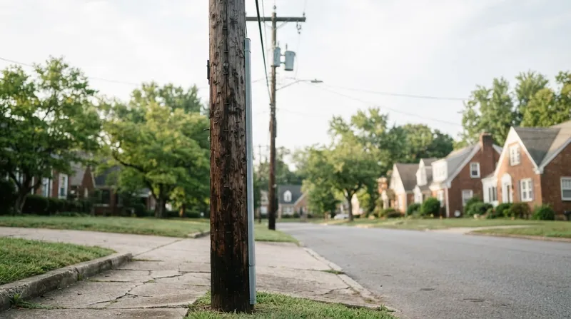A low-angle view of a wooden utility pole against a blue sky, showing a thin plastic pipe aligned with an overhead wire.