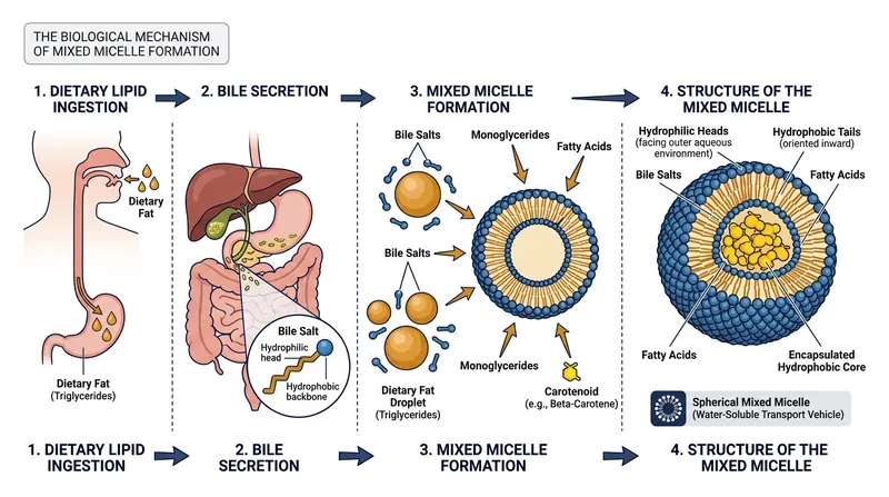Mixed micelles act as transport shuttles, ferrying hydrophobic carotenoids across the watery barrier of the intestinal wall.