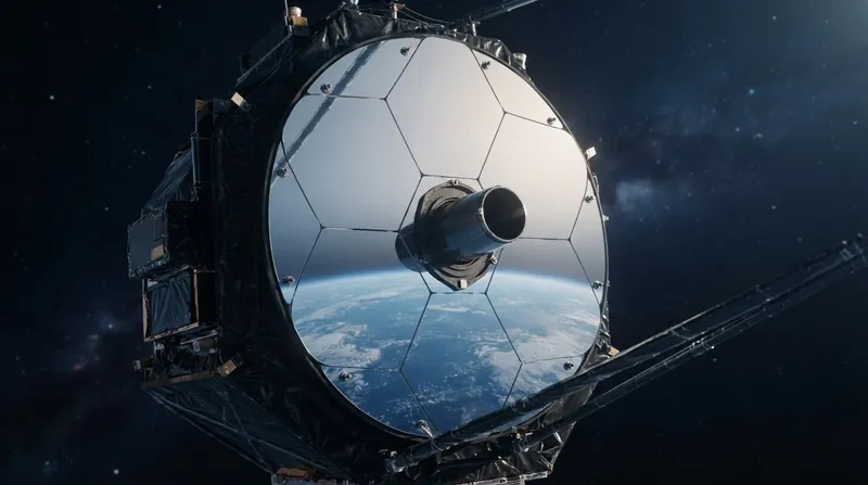 A large cylindrical reconnaissance satellite with solar panels orbiting above the Earth's atmosphere.