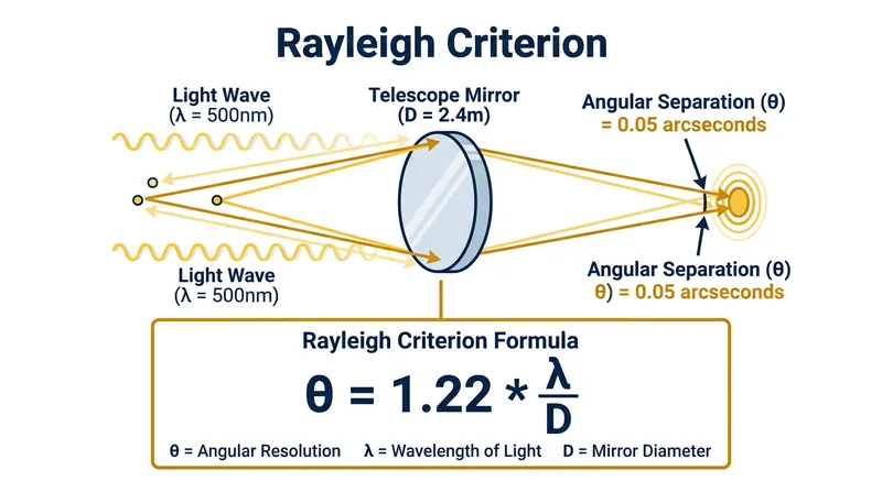 The Rayleigh criterion calculates the diffraction limit based on mirror diameter and light wavelength.