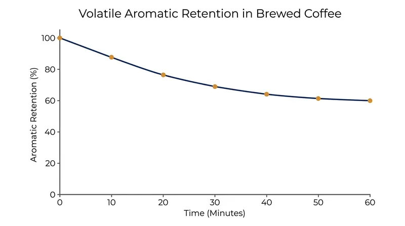 Brewed coffee loses roughly 40 percent of its volatile aromatic compounds within the first hour at room temperature.